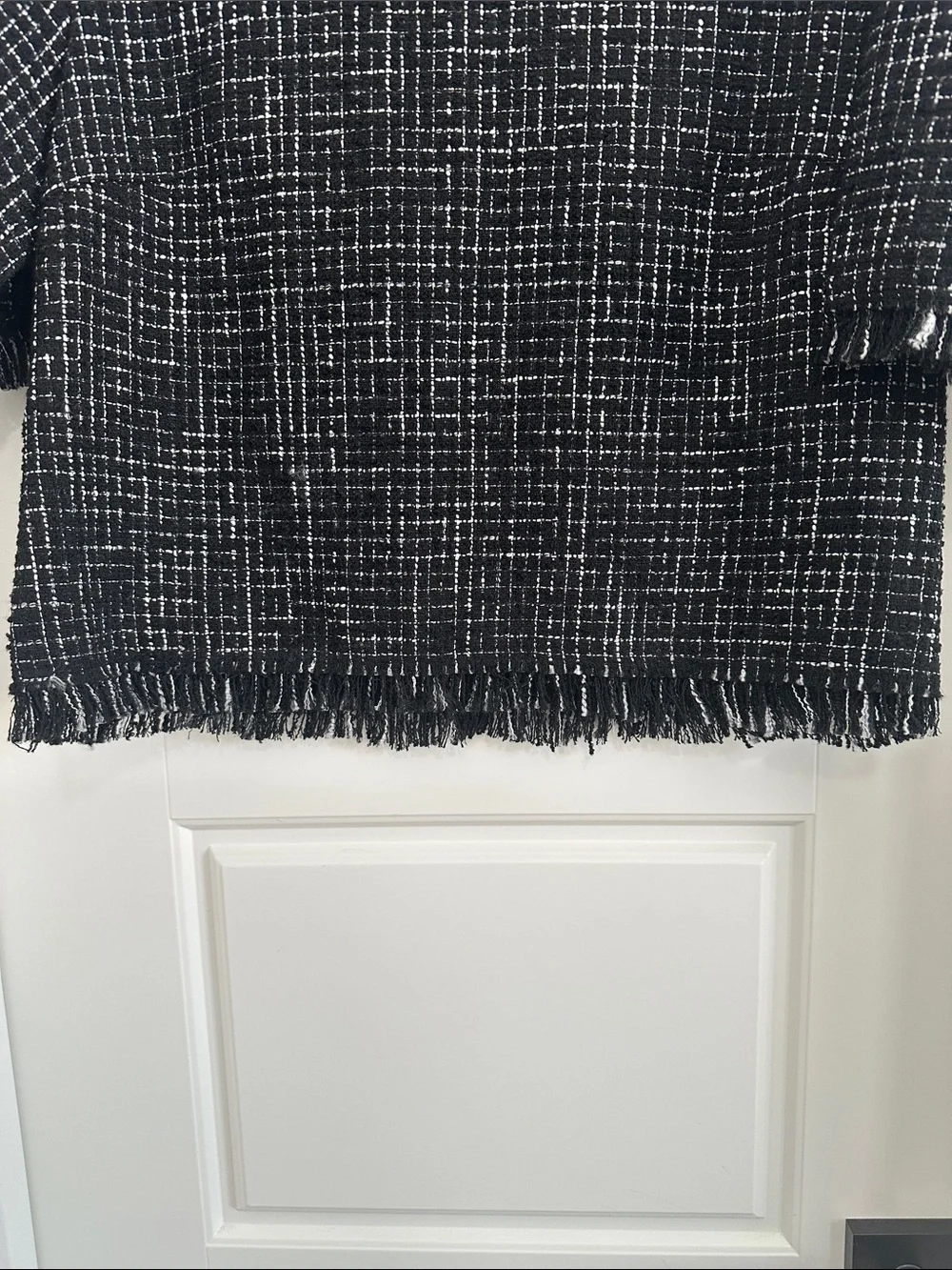 ZARA Black White Frayed Textured Tweed Plaid Short Sleeve Blouse Top L